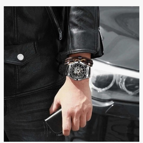 Classic Skeleton Watch for Men Luminous Hands Mechanical Watch Stainless Steel - Picture 4 of 4